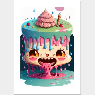 Cake Caricature - January 1st - Yearlong Psychedelic Cute Cakes Collection - Birthday Party - Delicious Dripping Paint, Bright Colors, and Big Adorable Smiles Posters and Art